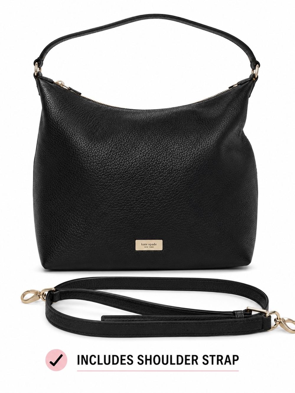 Kate Spade Bay Black Pebbled Leather Shoulder Bag + Strap